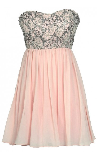 Stars In The Sky Sequin Lace Overlay Designer Dress by Minuet in Pink